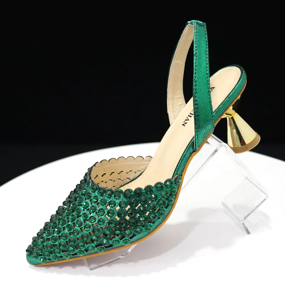 Venus Chan Pointed Toe Heels for Women 2023 Elegant Party Wine Color Full Diamond Pumps Italian Shoes and Bags Matching Set