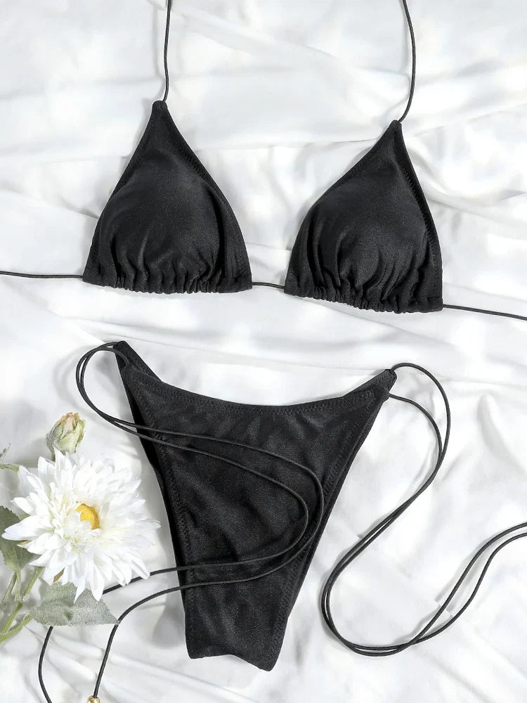 Set Bikini Triangolo Sexy Micro Thong, Costume da Bagno Donna, Biquini con Lacci, Abbigliamento da Spiaggia Stampato, Bikini Thong