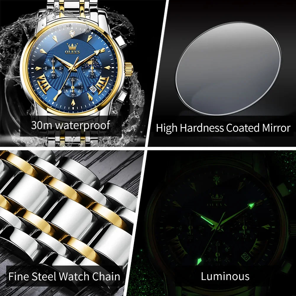 OLEVS Orologi al quarzo da uomo Orologi di marca in acciaio inossidabile Orologio sportivo impermeabile per uomo Cronografo con fasi lunari