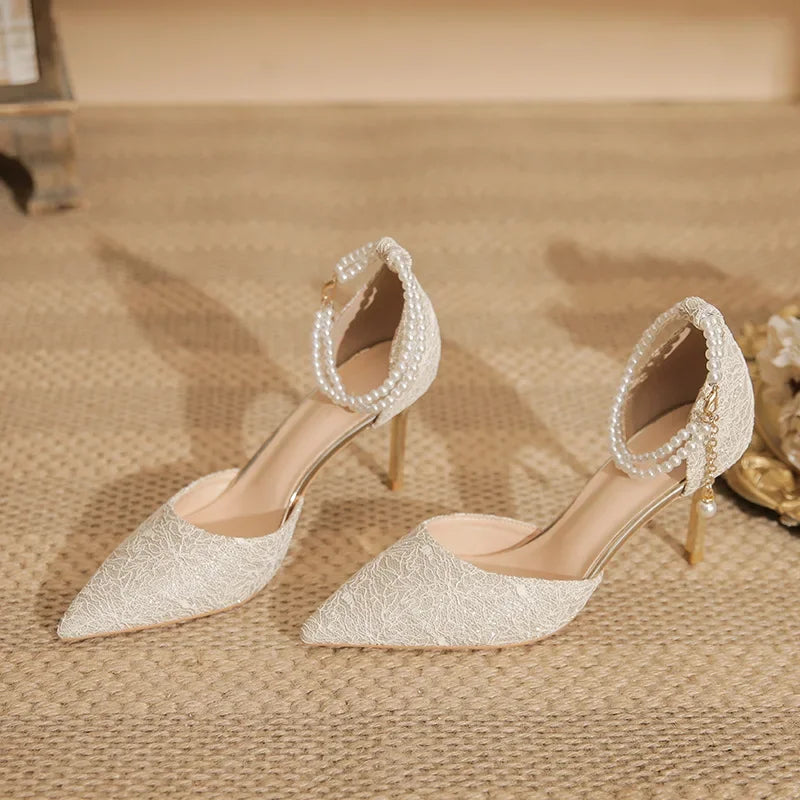 Size 31-43 Women High Heels Stiletto Heel Summer Lace Mesh Sweet Gold Silver Wedding Shoes