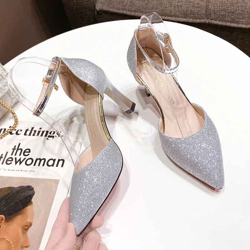 Bling Gold Silver Women Pumps 2023 Sexy Point Toe Thin Heel Party Wedding Shoes Womens Summer Ankle Strap 8cm High Heels Shoes