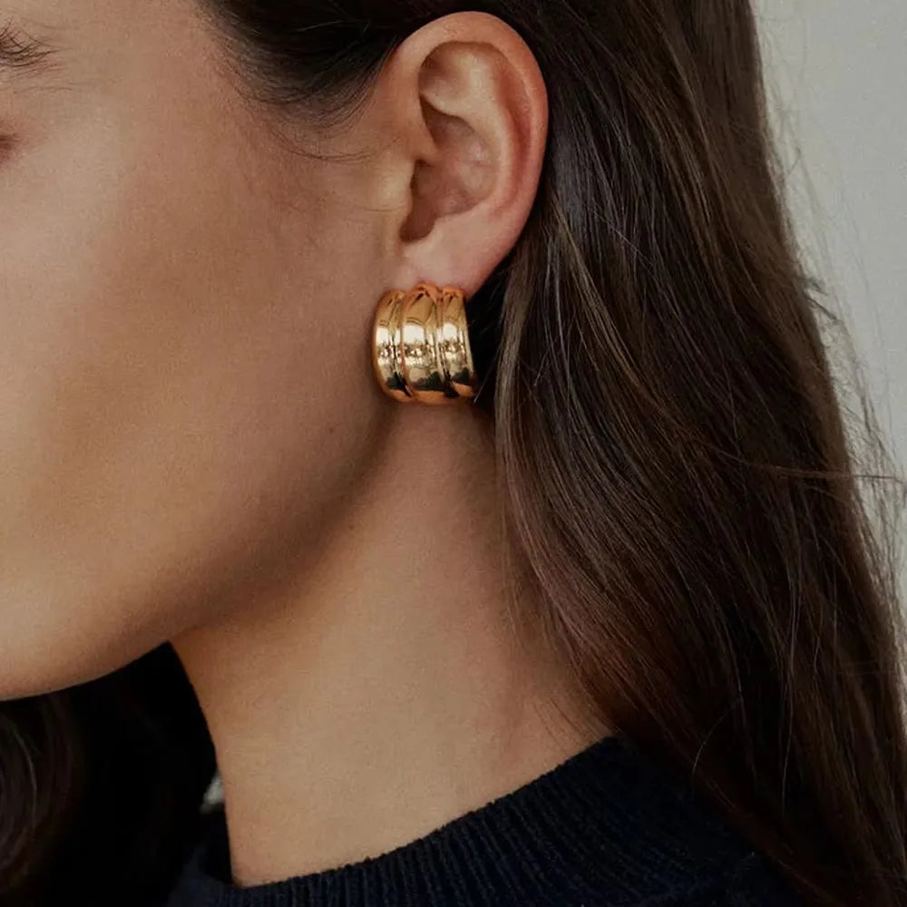 Orecchini a Perno Geometrici a Forma di C Multistrato Placcati in Oro 18K, Antiruggine, in Acciaio Inossidabile per Donne