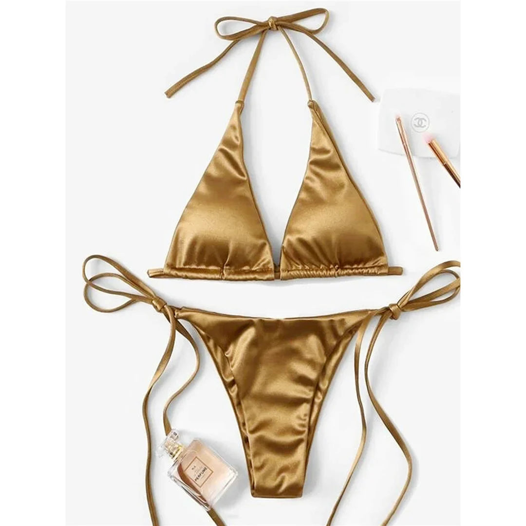 Sexy 13 colori Halter Satin Bikini brasiliano Donna Costumi da bagno Costume da bagno femminile Bikini a due pezzi Bagnante Costume da bagno Swim V4966