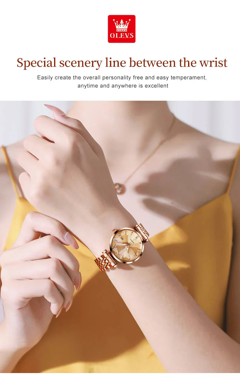 OLEVS 5536 Orologio da donna al quarzo con diamanti di marca di lusso Moda elegante orologio da donna impermeabile in oro rosa con bracciale Set Reloj Mujer