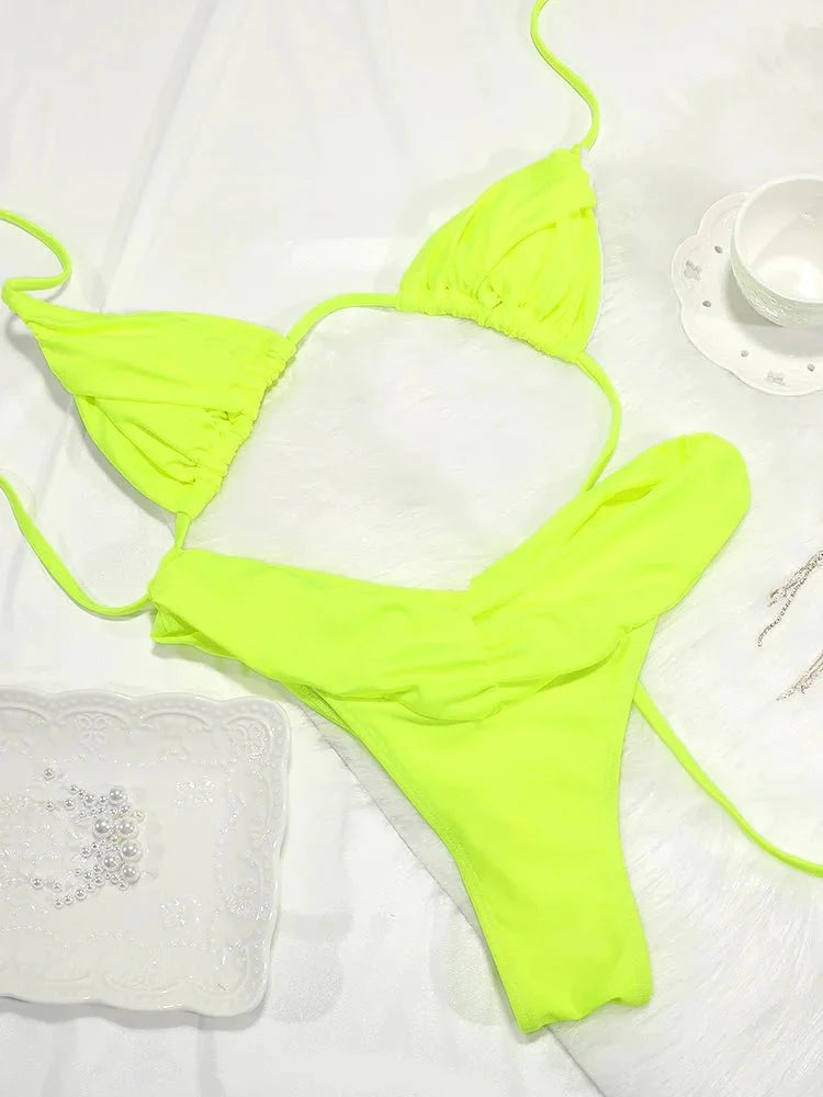 Set Bikini Sexy con Pieghe, Micro Bikini Tinta Unita, Costume da Bagno Femminile a Triangolo, Abbigliamento da Spiaggia