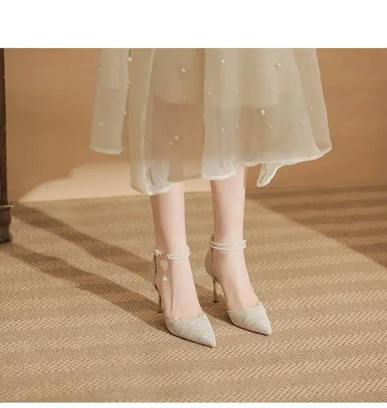Size 31-43 Women High Heels Stiletto Heel Summer Lace Mesh Sweet Gold Silver Wedding Shoes
