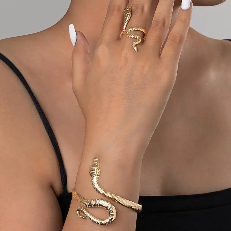 Offerta Speciale: Set di 2 Bracciali e Anelli a Forma di Serpente Punk, Bracciali Apribili a Spirale e Anelli per Dita, Gioielli per Mani Unisex