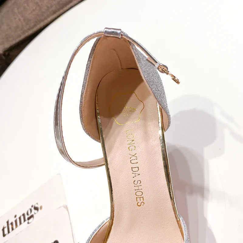 Bling Gold Silver Women Pumps 2023 Sexy Point Toe Thin Heel Party Wedding Shoes Womens Summer Ankle Strap 8cm High Heels Shoes