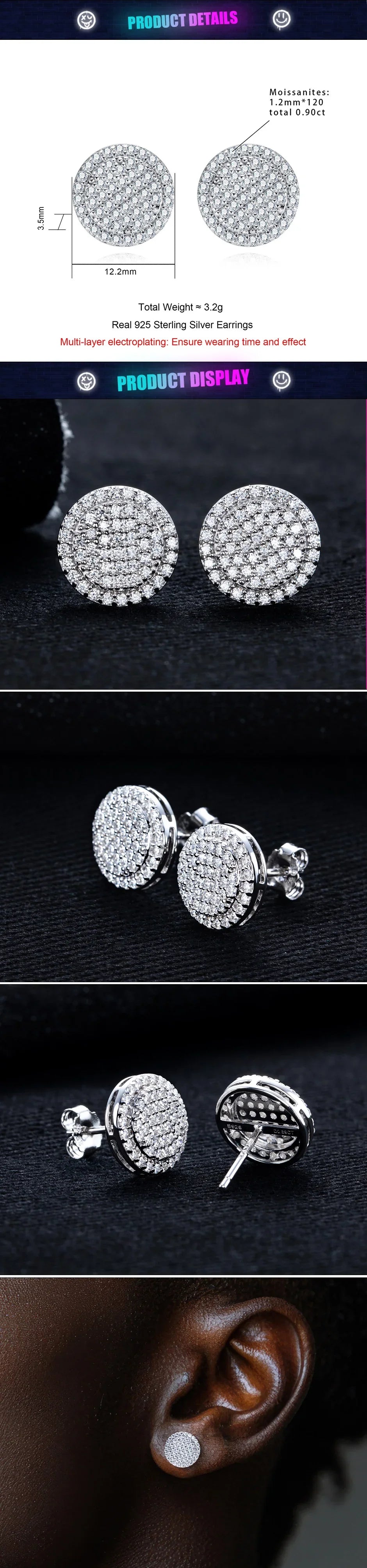 MossanRappr 0.9cttw Moissanite Bling Orecchini rotondi in argento sterling 925 Moda Gioielli Hip Hop Regali per donne e uomini