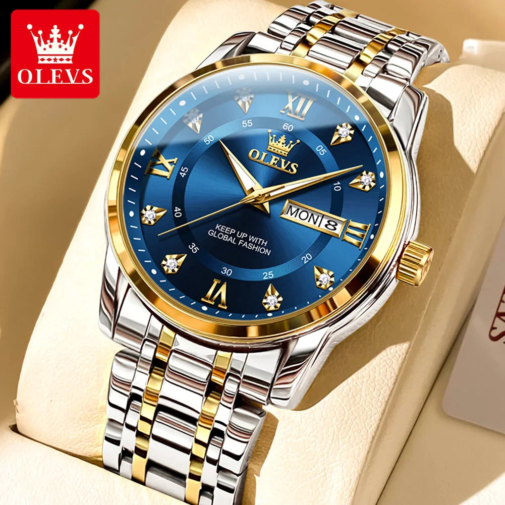 OLEVS 5513 Orologio da uomo Orologio luminoso impermeabile al quarzo originale di marca di moda per uomo Scatola per orologio con doppio calendario in acciaio inossidabile