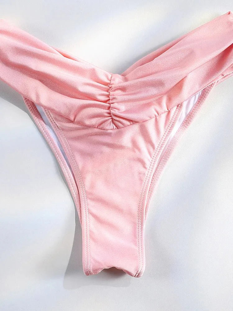 Set Bikini Sexy con Pieghe, Micro Bikini Tinta Unita, Costume da Bagno Femminile a Triangolo, Abbigliamento da Spiaggia
