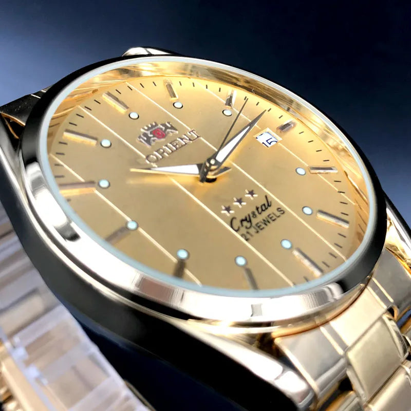 Orient Double Lion Classic Watch Series Orologio da uomo con cinturino in acciaio inossidabile Tourbillon meccanico automatico multifunzione di lusso