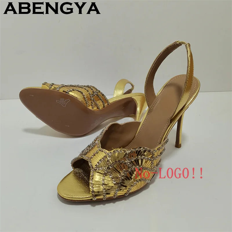 2026 Summer Trendy New Shiny Fish Mouth Toe Sexy Stiletto Sandals Woman Quality Sequined Thin High Heel Slippers for Women Shoes
