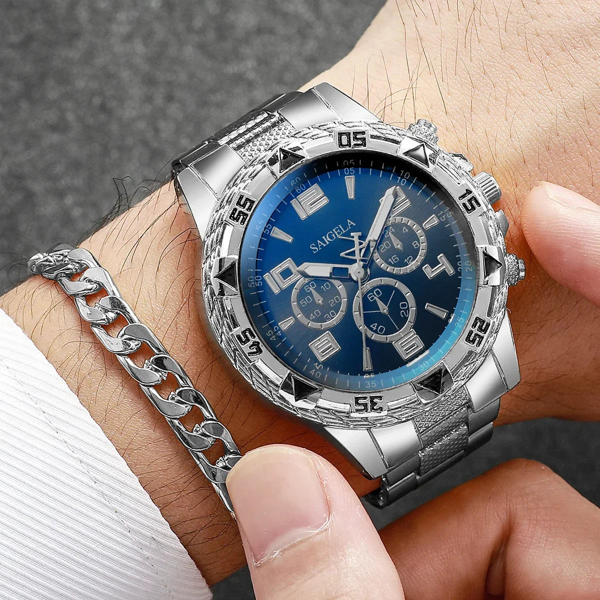 3 pz/set moda quadrante grande orologio al quarzo da uomo orologi da uomo d'affari di lusso collana braccialetto set Reloj Hombre (senza scatola)