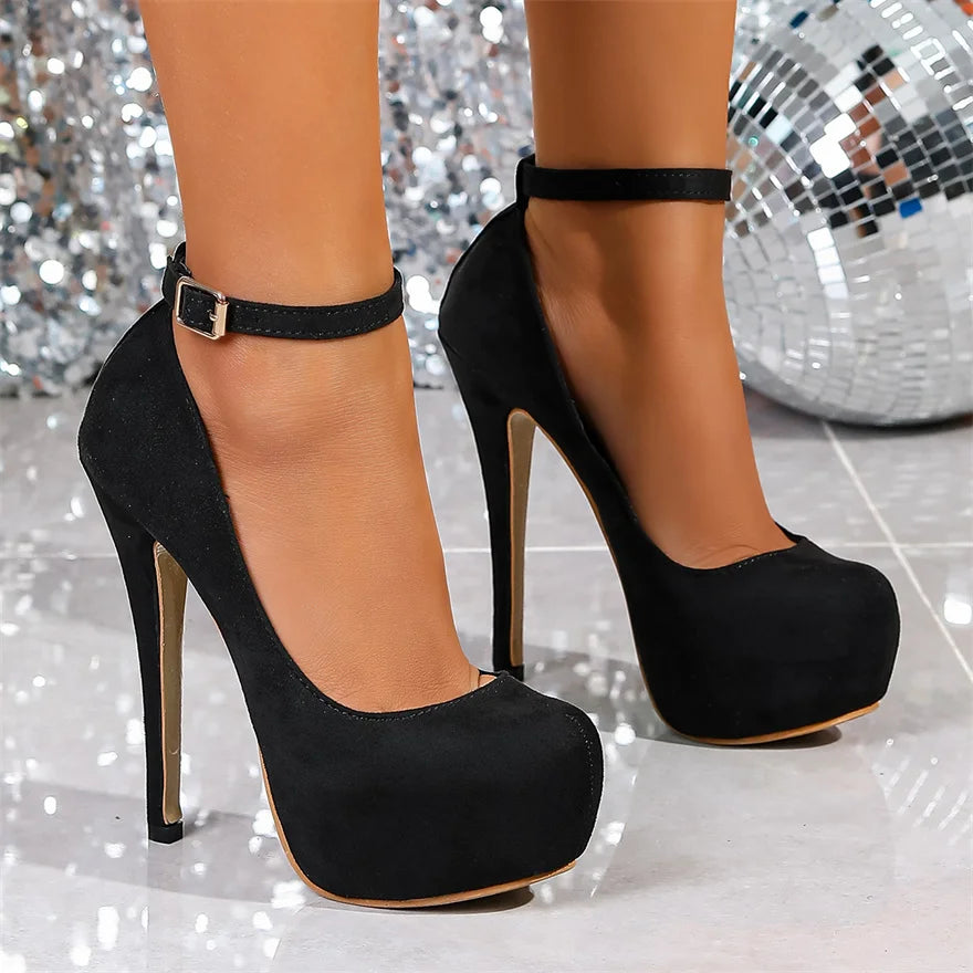 Big Size 36-47 Soft Flock Office Shoes Women Pumps 2026 Buckle Round Toe Super High Heels 14.5CM Sexy Platform Party Shoes Woman