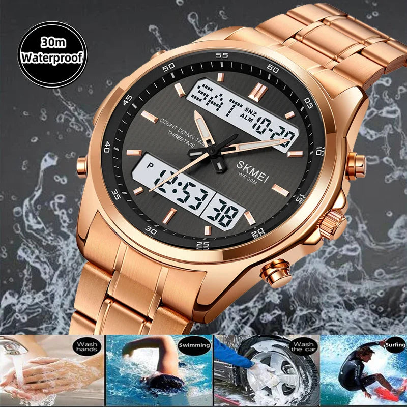 Skmei orologio da polso analogico al quarzo da uomo cinturino in acciaio inossidabile di lusso Led impermeabile digitale sportivo sveglia a tre fusi orari