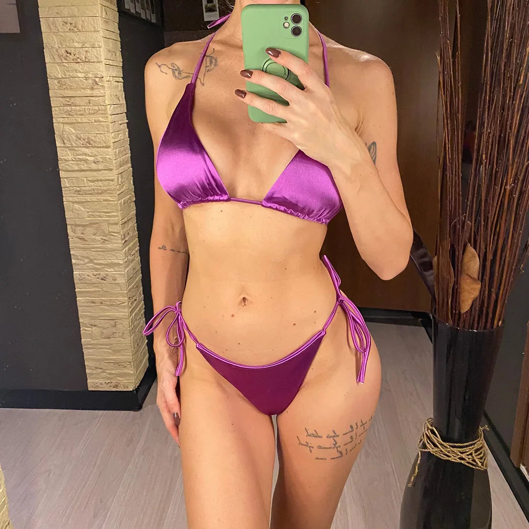 Sexy 13 colori Halter Satin Bikini brasiliano Donna Costumi da bagno Costume da bagno femminile Bikini a due pezzi Bagnante Costume da bagno Swim V4966