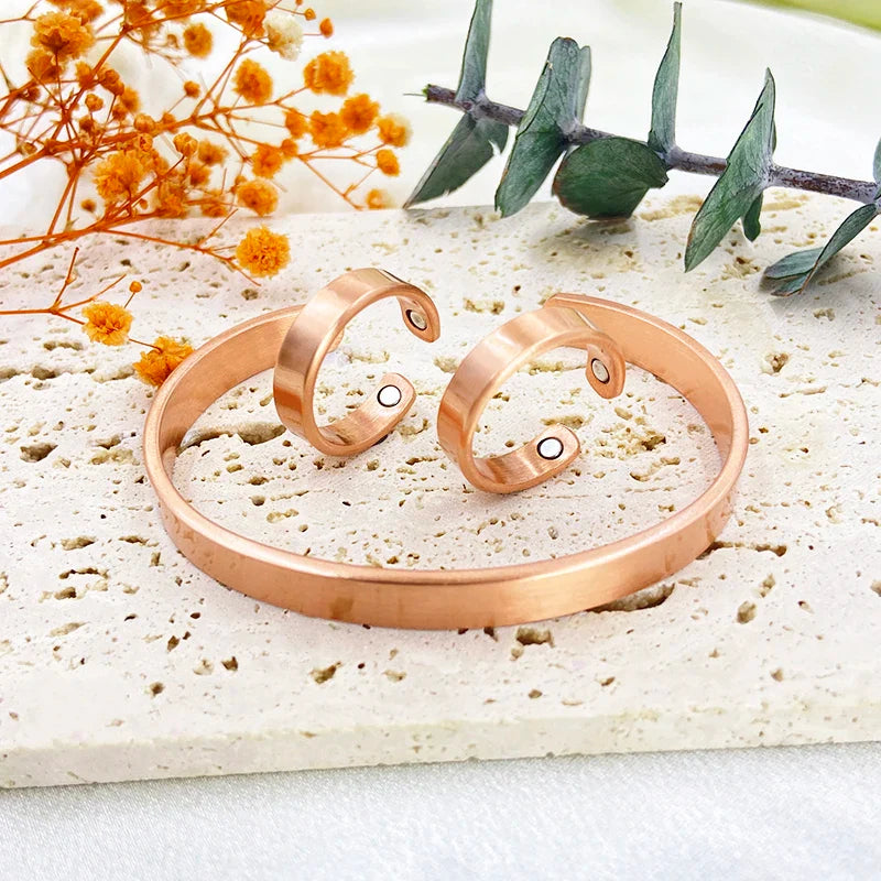 Set Bracciali e anelli in rame puro per donna Uomo Polsino semplice Braccialetti magnetici Artrite Salute Gioielli in rame massiccio