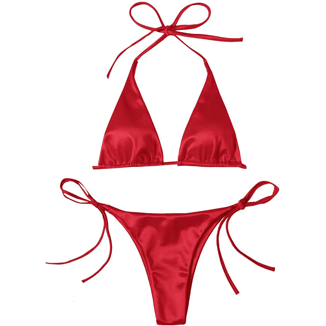 Sexy 13 colori Halter Satin Bikini brasiliano Donna Costumi da bagno Costume da bagno femminile Bikini a due pezzi Bagnante Costume da bagno Swim V4966