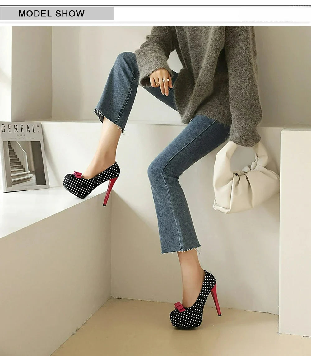 Sexy Super High Heels Women Platform Pumps Polka dot Bow Party Dress Shoes Woman Elegant Wedding Shoes Female 12cm Stilettos