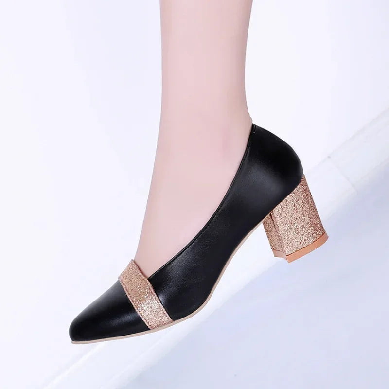 Spring Summer Sexy Fashion Women Med Heels Shoes Woman Slip on Pointed Toe Pumps Shoes Ladies Gold Silver Bling Shoes Size 35-41