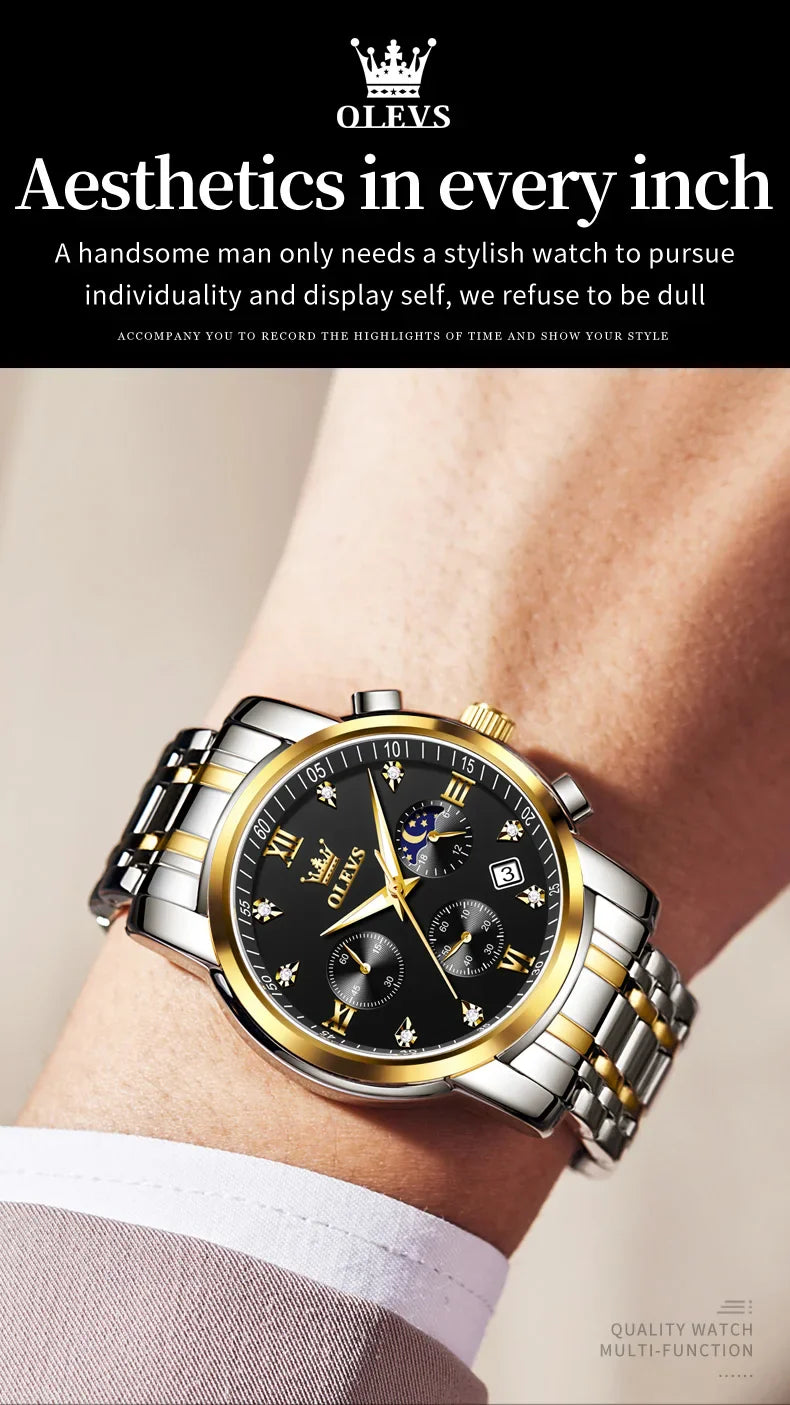OLEVS 2858 Orologio da Uomo in Acciaio Inossidabile, Impermeabile, Antigraffio, con Fasi Lunari, Luminoso, Cronografo, Orologio da Polso al Quarzo di Lusso