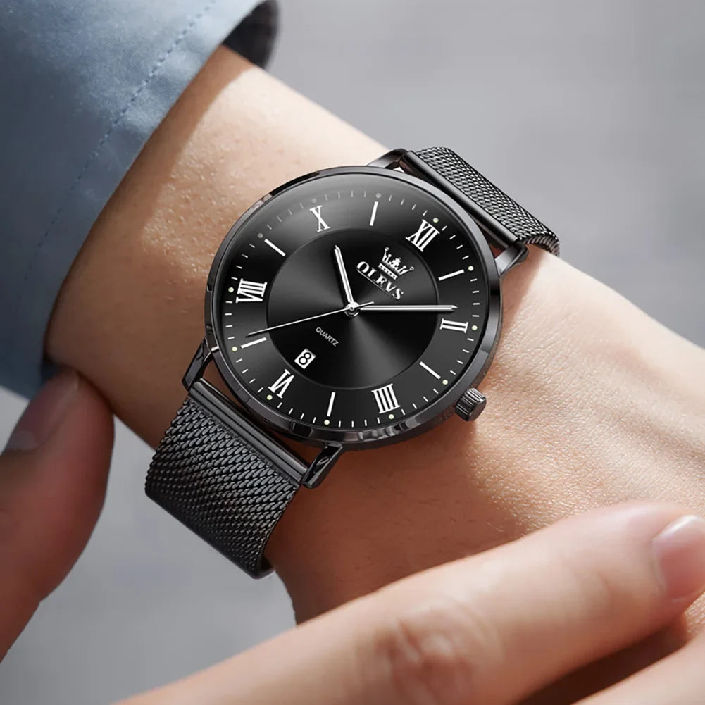 OLEVS 5623 Orologio al quarzo da uomo con quadrante minimalista con numeri romani, cinturino in maglia milanese, lancette luminose, datario, resistente all'acqua fino a 30 m