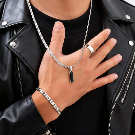 Elegante Set di Gioielli da Uomo con 3 Pezzi, Catena Cubana Piatta, Ciondolo Geometrico in Acciaio Inox con Pietra, Gioielli Hip Hop, Regalo per Lui
