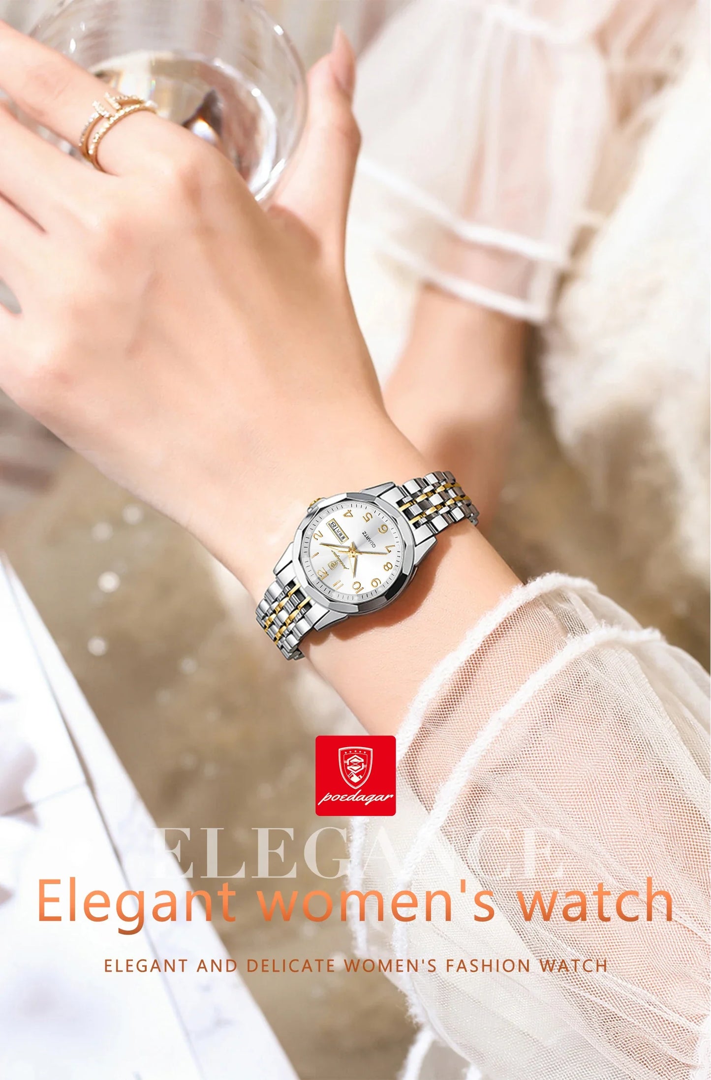 POEDAGAR elegante orologio da polso da donna al quarzo impermeabile luminoso data settimana orologio da donna orologi da donna casual in acciaio inossidabile reloj
