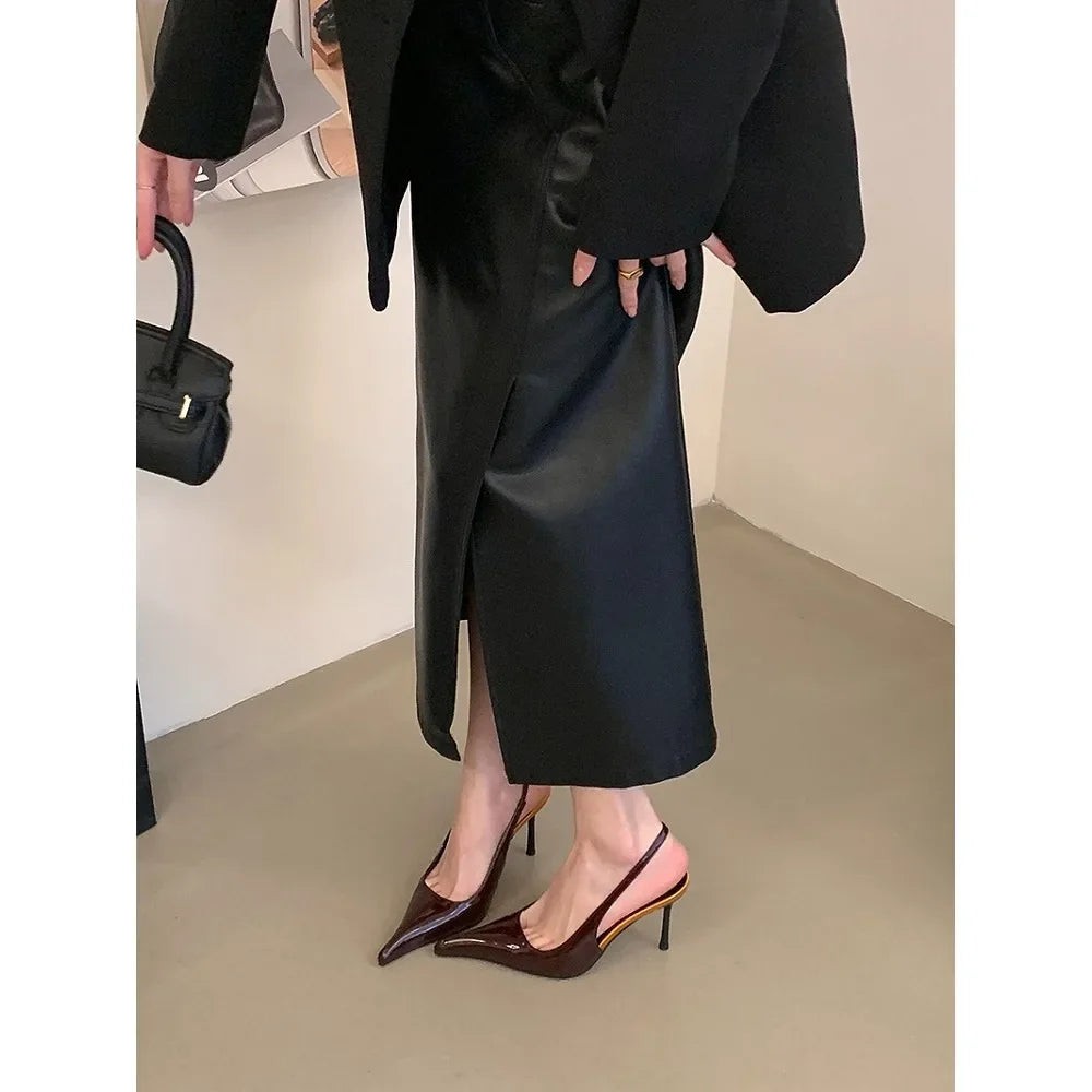 Eilyken Spring Fashion Sexy Thin Heels Pointed Toe Pumps Women Mule Shoes Elegant Patent Leather Banquet Striptease Sandals