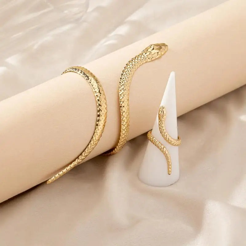 Offerta Speciale: Set di 2 Bracciali e Anelli a Forma di Serpente Punk, Bracciali Apribili a Spirale e Anelli per Dita, Gioielli per Mani Unisex