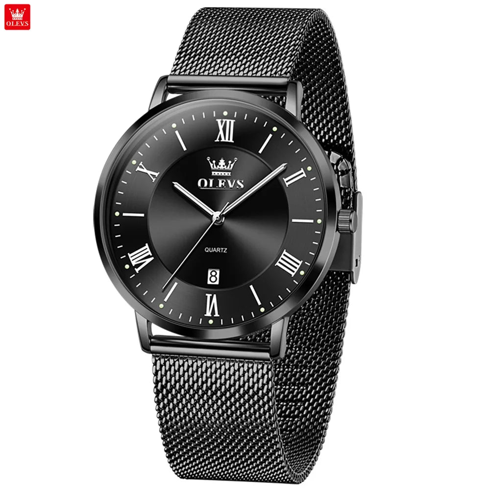 OLEVS 5623 Orologio al quarzo da uomo con quadrante minimalista con numeri romani, cinturino in maglia milanese, lancette luminose, datario, resistente all'acqua fino a 30 m