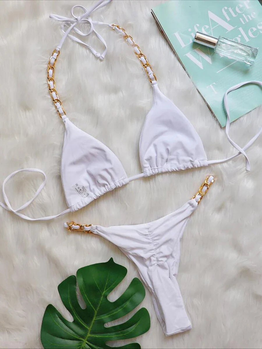 Bikini Brasiliano Due Pezzi con Catene Metalliche e Micro Perizoma, Costume da Bagno Donna