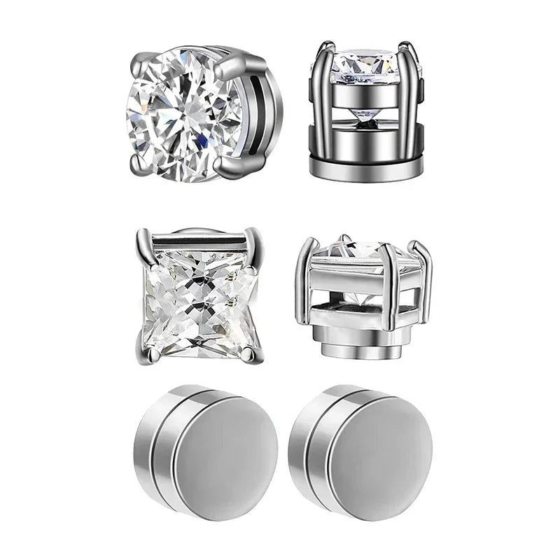 3 paia di orecchini a clip magnetici resistenti in cristallo per uomini e donne Orecchini con magnete zircone rotondo punk Gioielli non penetranti
