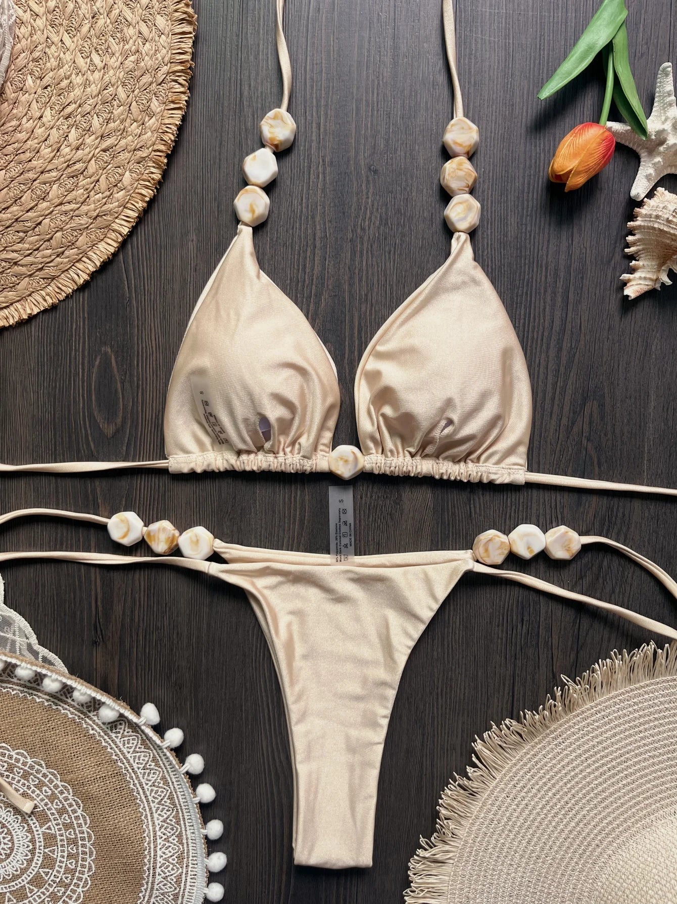 Costume da bagno bikini sexy con perline 2026 da donna, set bikini halter con scollo a V, abbigliamento da spiaggia estivo