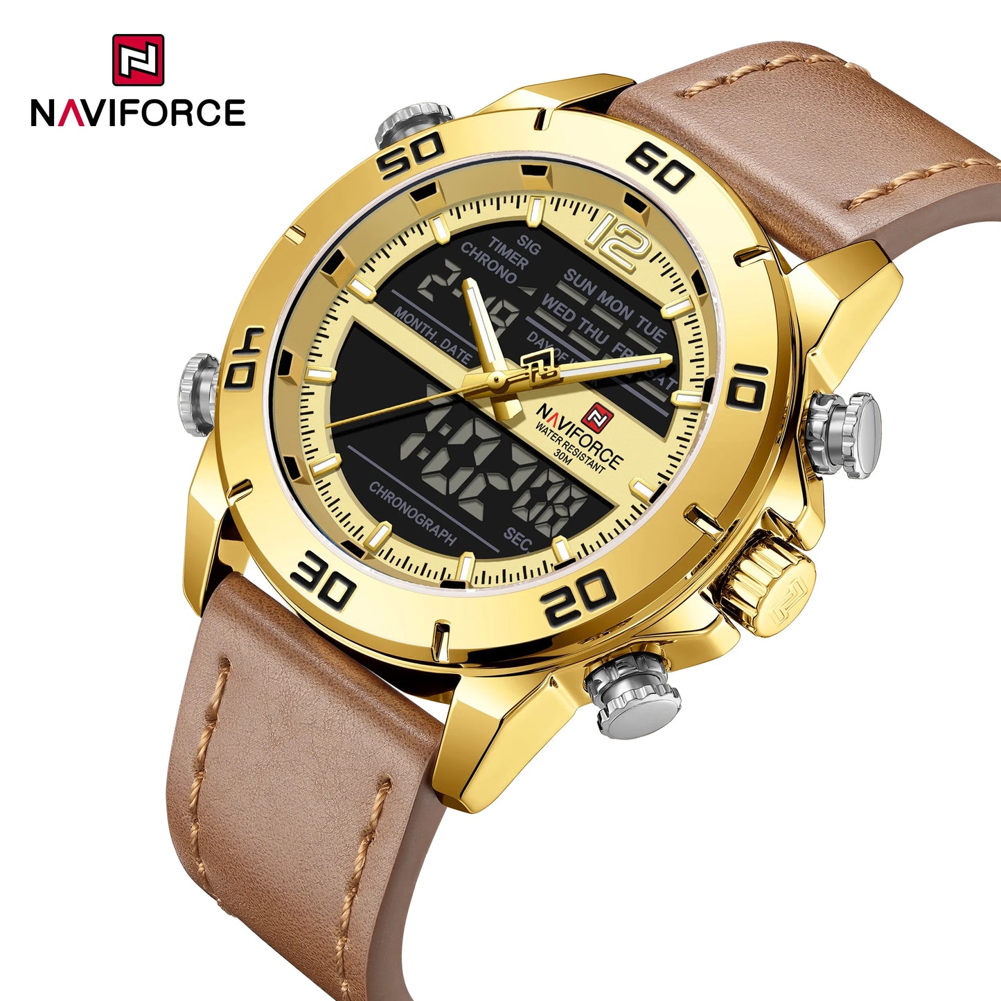 NAVIFORCE Orologio alla moda da uomo con cinturino in vera pelle Movimento al quarzo resistente all'acqua 30M Display luminoso con giorno e data F