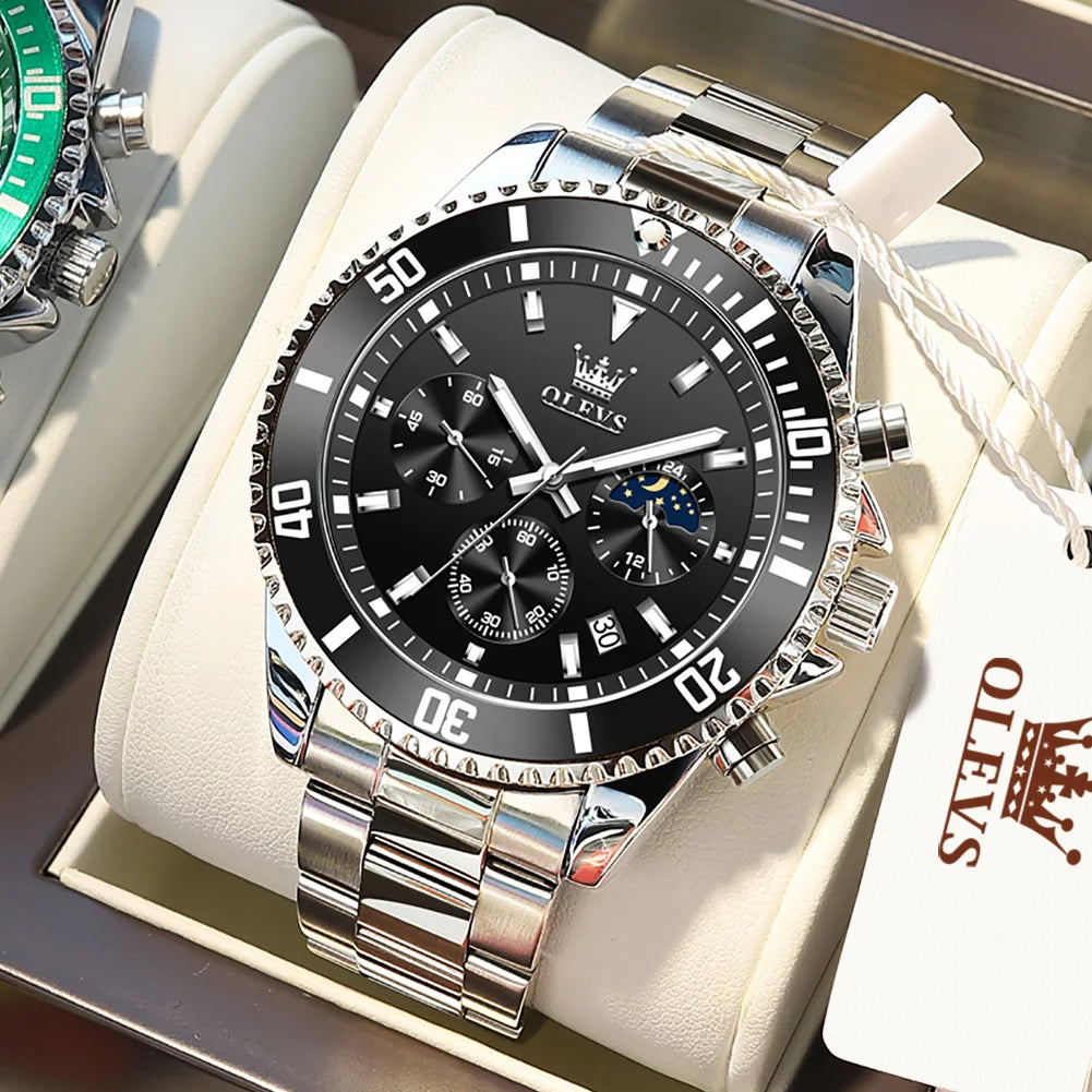 OLEVS Orologi da uomo Orologio di lusso delle migliori marche da uomo Cronografo originale impermeabile in acciaio inossidabile Fasi lunari Data Quadrante Rota
