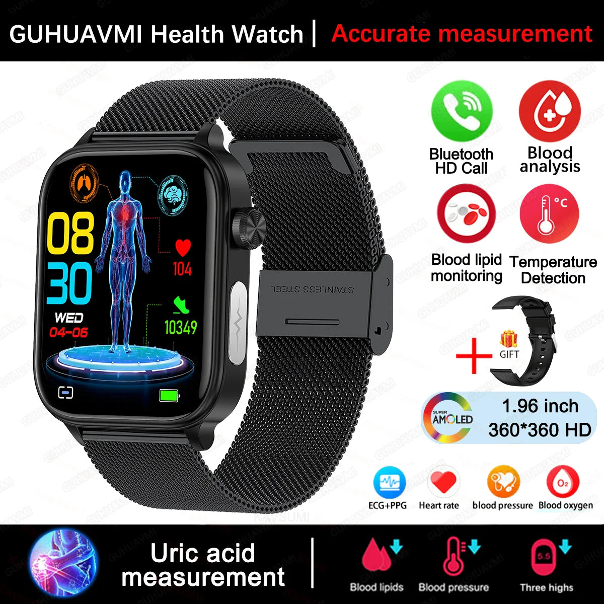 Nuovo 2025 Smartwatch per XIAOM1 con ECG+PPG, Monitoraggio Grasso Sanguigno e Acido Urico, Frequenza Cardiaca, Pressione Sanguigna, Chiamate Bluetooth per Uomini e Donne