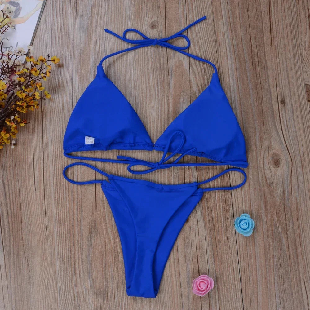Set bikini perizoma da donna con cravatta laterale costume da bagno sexy stile fasciatura costumi da bagno brasiliani attrezzatura da nuoto in poliestere per la festa estiva