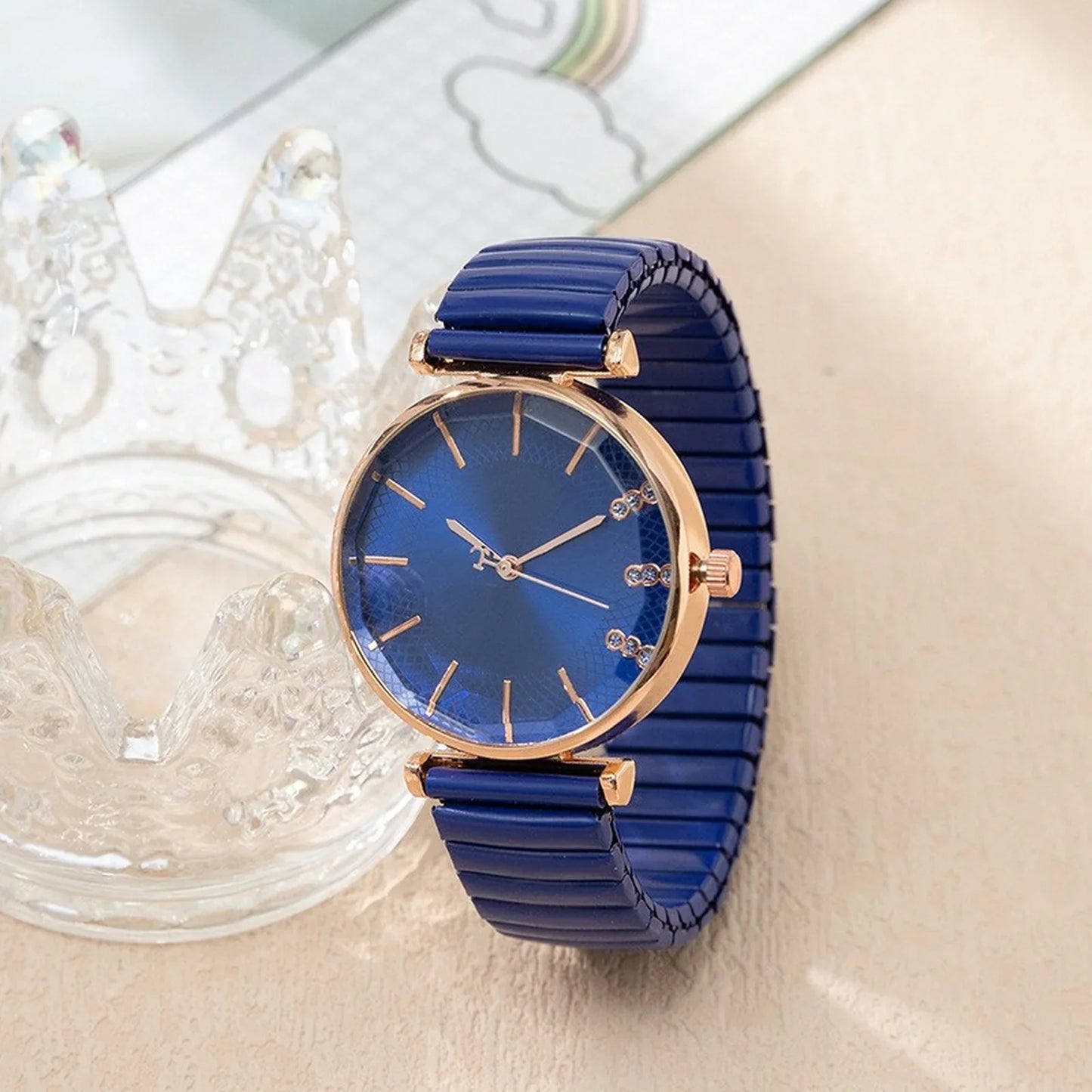 Orologio al quarzo da donna in cristallo semplice blu tesoro di lusso Orologio casual con cinturino elasticizzato in acciaio inossidabile Orologio da donna alla moda