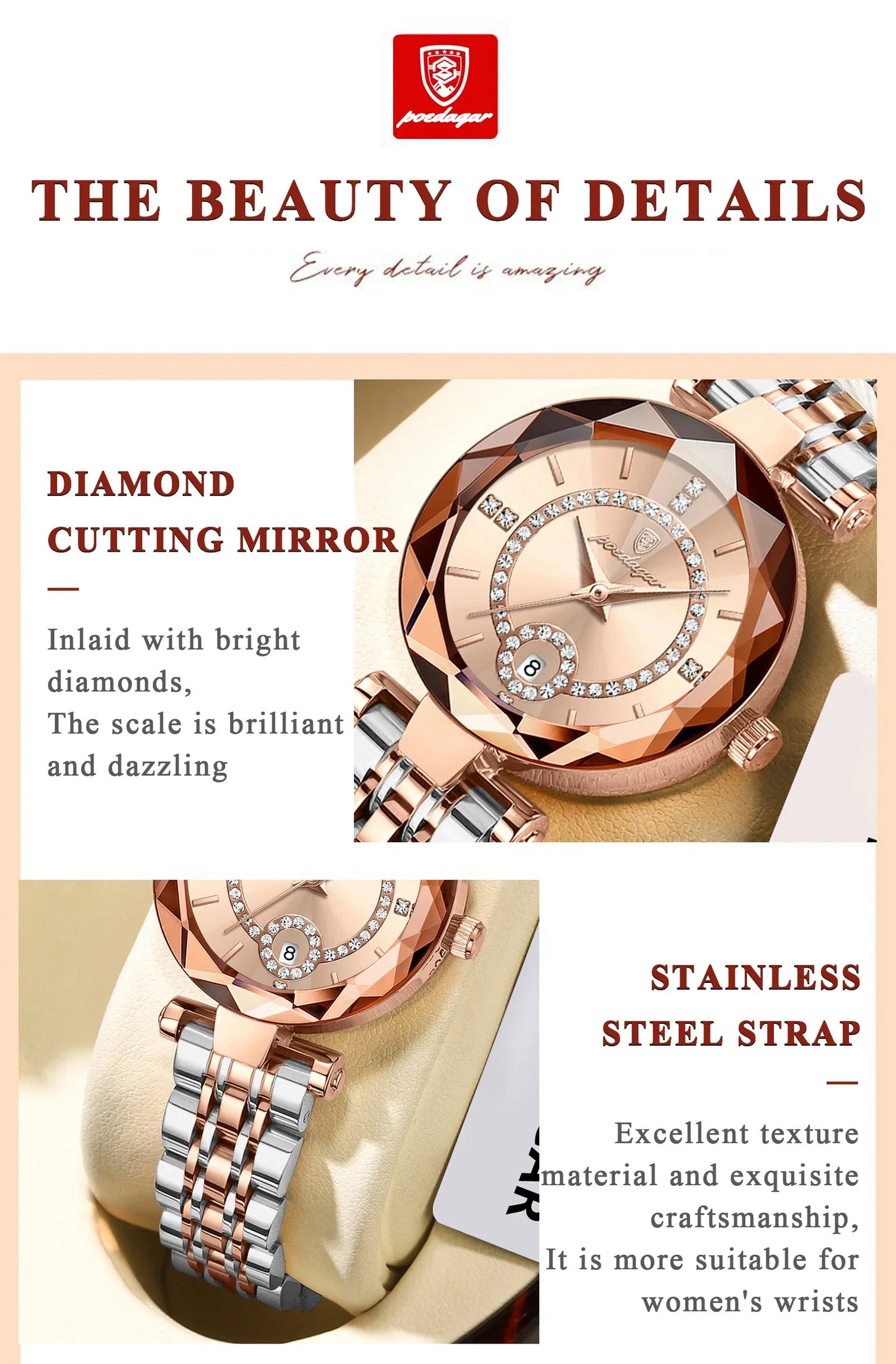 POEDAGAR Orologio da polso originale alla moda per donna Orologio da donna al quarzo con data in acciaio inossidabile impermeabile Orologi da donna casual di lusso