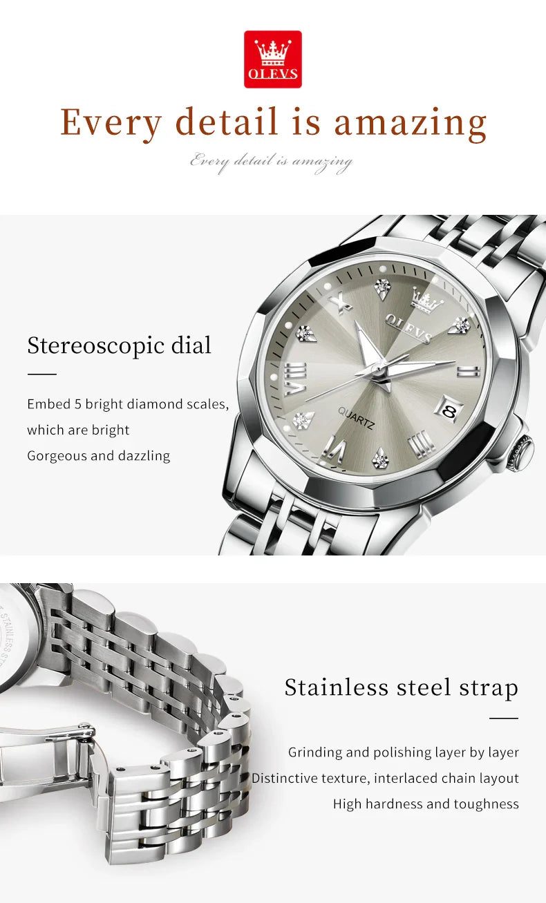 OLEVS 9931 Elegante Orologio da Donna di Lusso, Marca Originale, Movimento al Quarzo, Impermeabile, in Acciaio Inossidabile, Luminoso con Data
