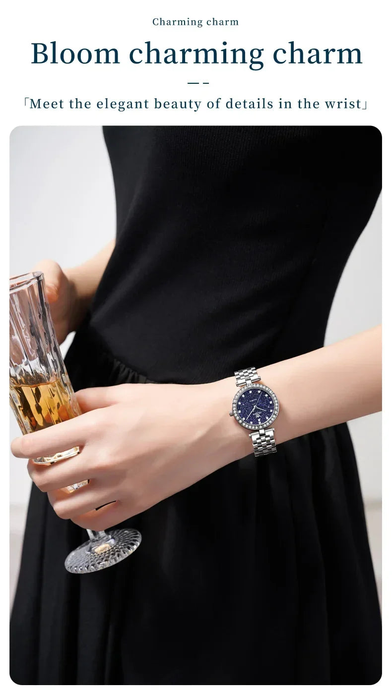 OLEVS 3641 Elegante orologio al quarzo da donna impermeabile Quadrante stellato luminoso in acciaio inossidabile con confezione regalo - Accessorio alla moda da donna