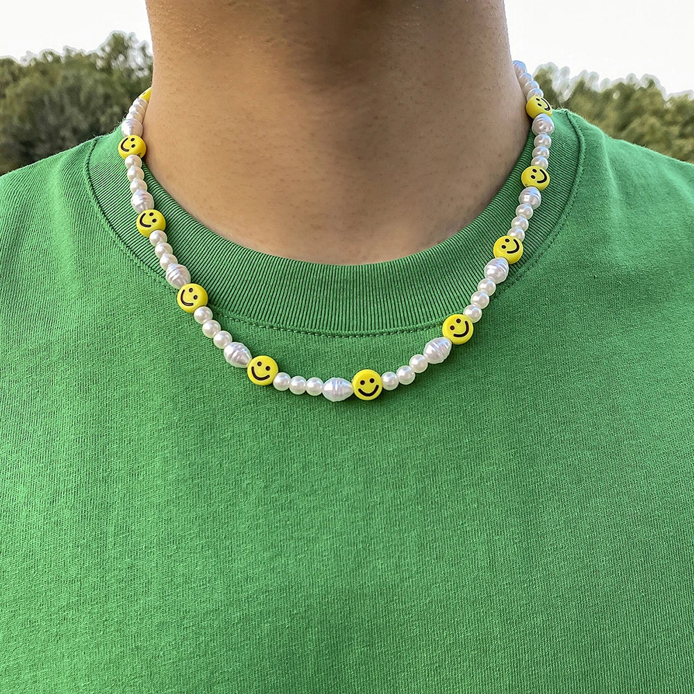 Bracciale con collana con volto sorridente di perle divertenti per donna Uomo Vitalità Sorriso colorato Accessori girocollo con perline Set di gioielli di moda