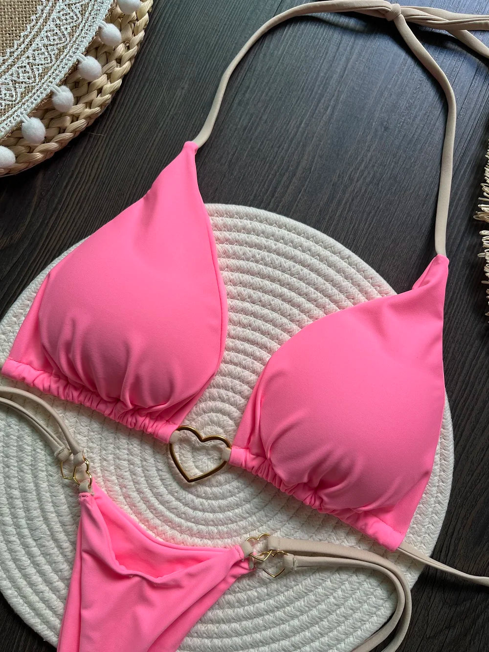 Costume da bagno bikini sexy da donna a tinta unita, due pezzi, rosso