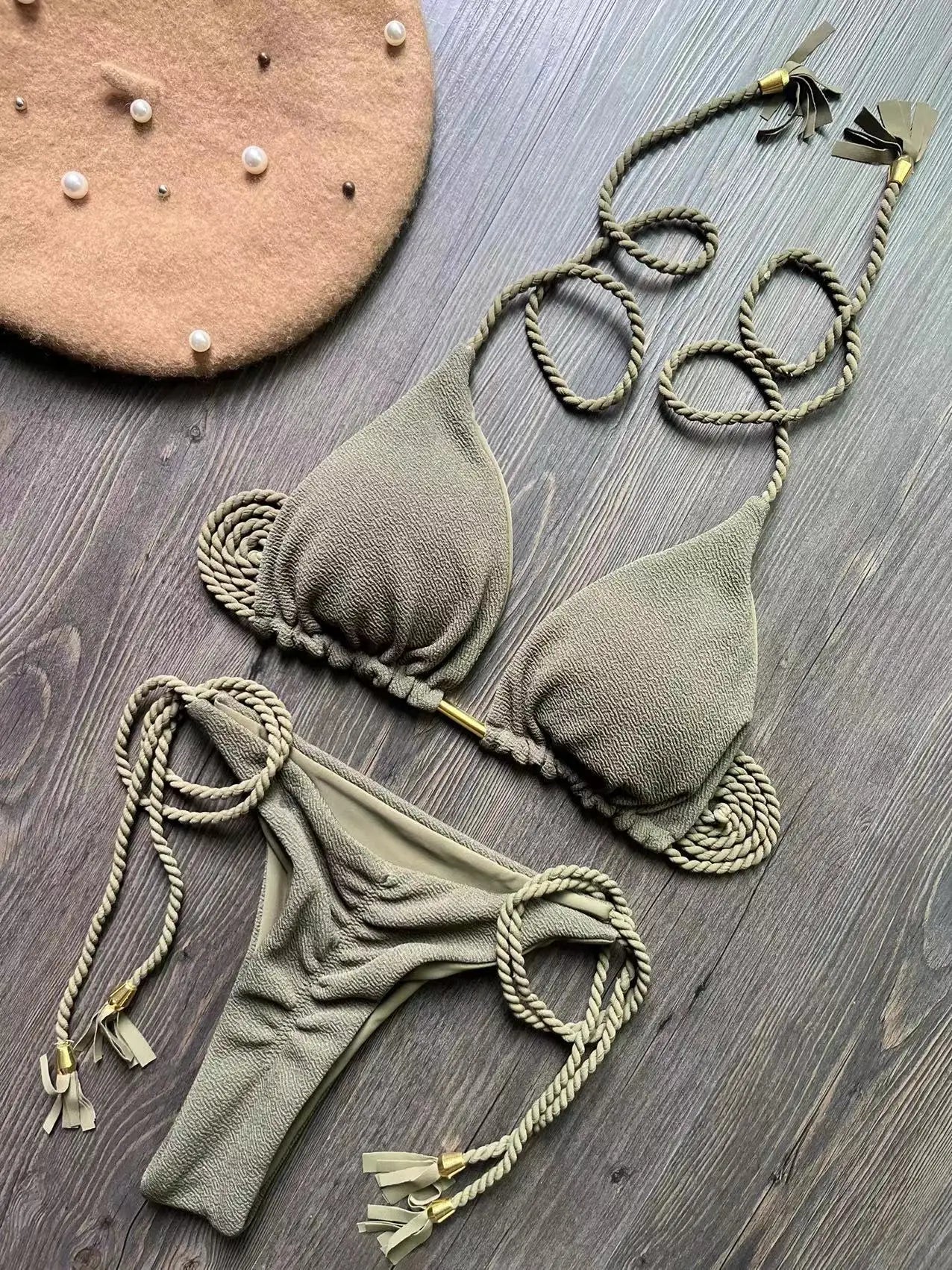 Costume da bagno bikini sexy con laccetti intrecciati, due pezzi, triangolare, stile brasiliano.