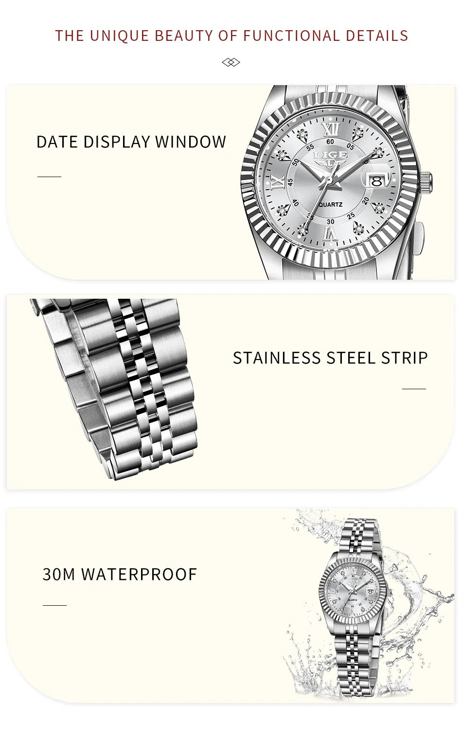 Orologio da Polso LIGE di Lusso con Strass per Donna, Cinturino in Acciaio Inossidabile, Movimento al Quarzo, Regalo, Reloj Mujer