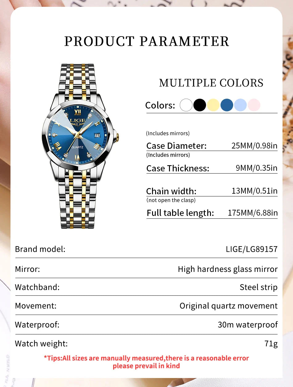 LIGE Orologio al Quarzo di Lusso per Donna, Elegante Bracciale Luminoso e Impermeabile, Regalo Ideale