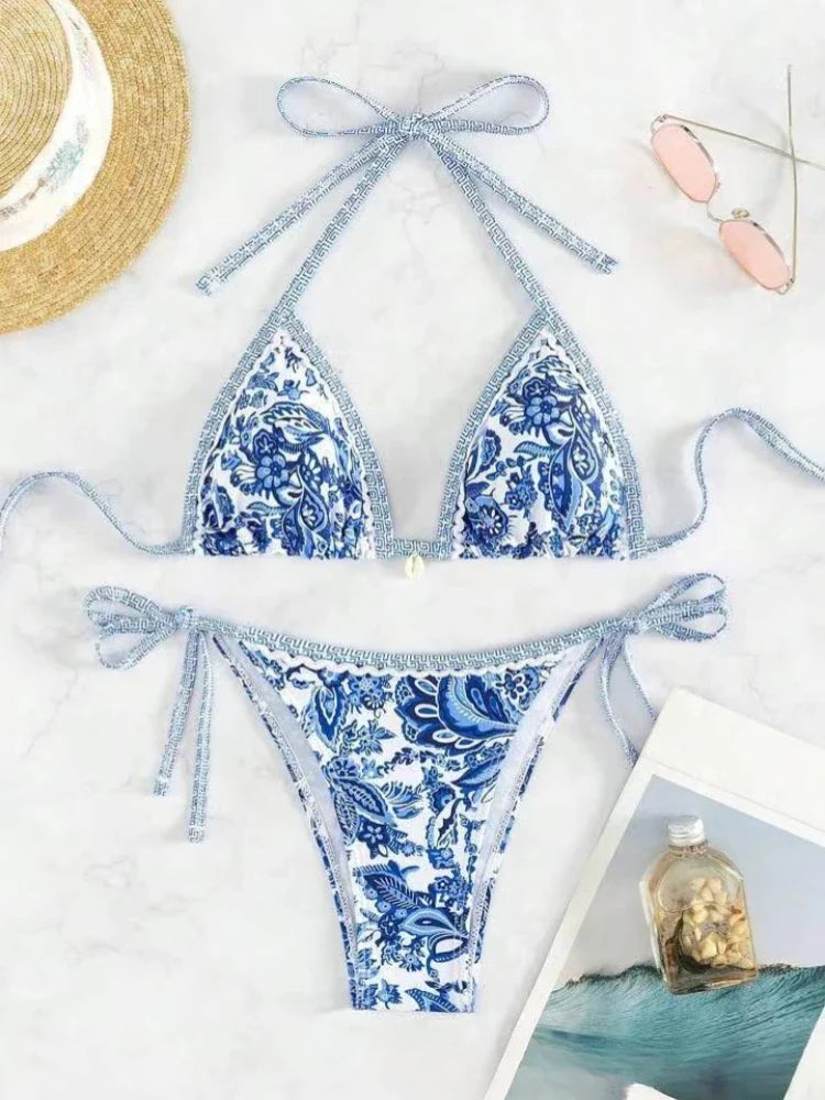 Bikini a triangolo con laccetti, costume da bagno due pezzi da donna, abbigliamento da spiaggia estivo