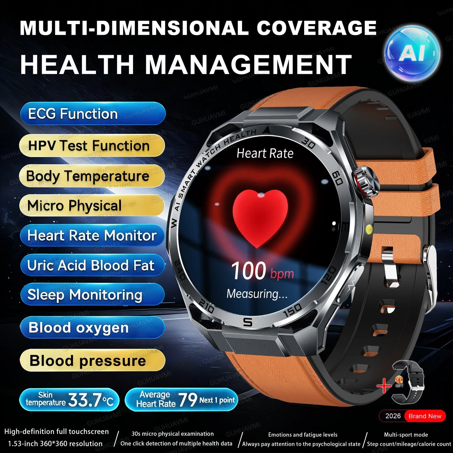 Nuovo Smartwatch 2026 con Analisi AI del Grasso Corporeo, ECG+PPG, Acido Urico, Pressione Sanguigna, Ossigeno nel Sangue, Chiamate, Schermo AMOLED per Uomini e Donne